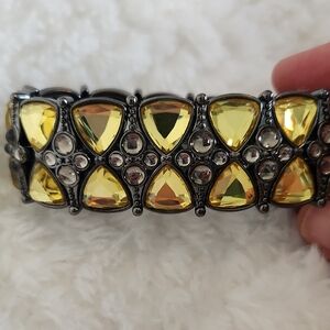 Lia Sophia Couture Signed Silver Yellow Crystal Statement Bracelet Stretch Band